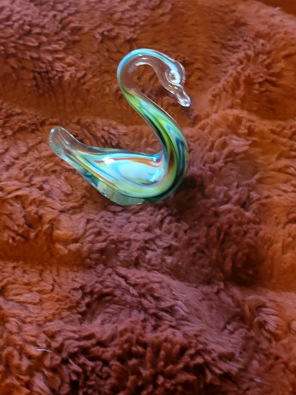 Stunning Petite Handblown Glass Swan Figurine in Blue-Green Swirl